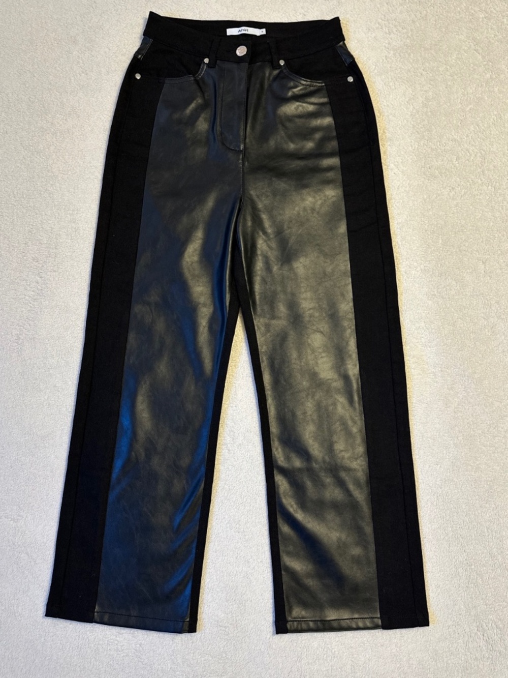 Ahiri Women's Faux Leather Panel Denim Pants Size 4 Black High Rise Straight Leg